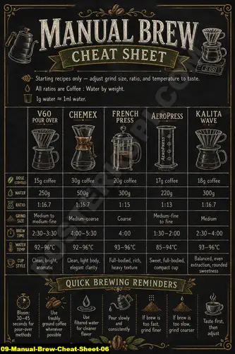 Poster kopi Manual Brew Cheat Sheet 06 untuk cafe dan barista