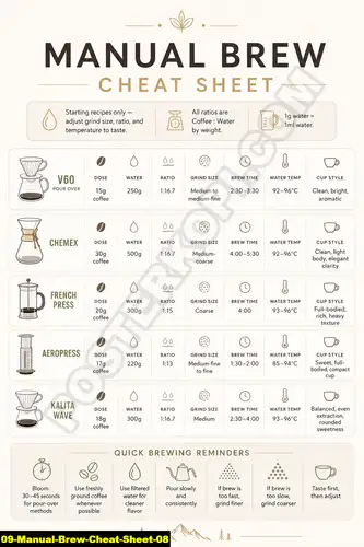 Poster kopi Manual Brew Cheat Sheet 08 untuk cafe dan barista